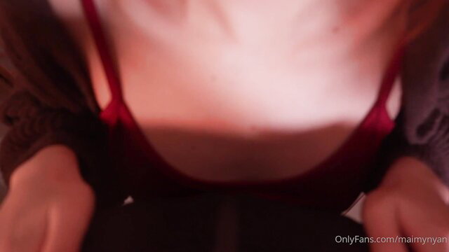 Maimy ASMR in red lingerie, naughty girlfriend cleavage tease