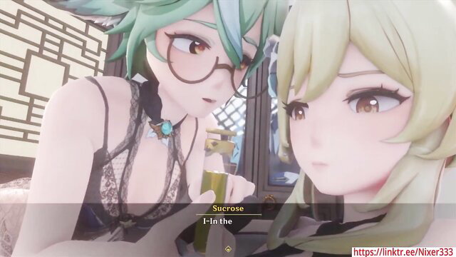 Genshin Impact Sucrose and Lumine in lingerie, intimate futa tease