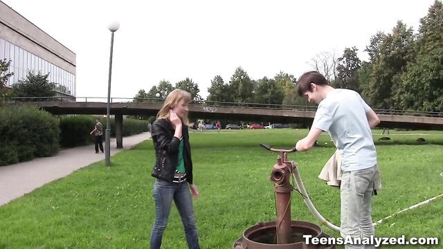Cute blonde teen in leather jacket on first date gets outdoor ass fuck tease