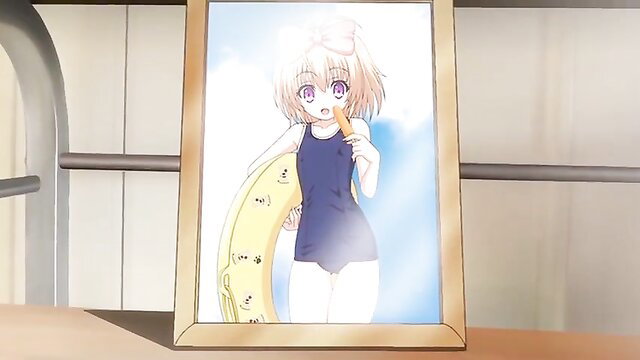 Anime loli imouto in blue swimsuit holding banana surfboard, pink hair