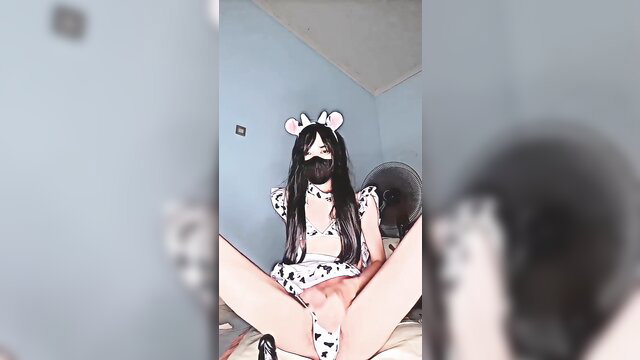 Asian femboy in cow bikini spreads legs wide, teasing cock