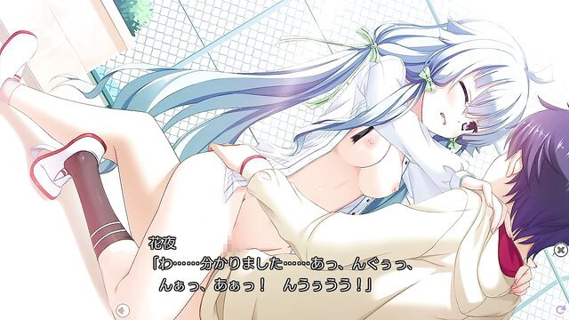 Saka Shiro Hanaya anime girl in thigh-highs straddles guy outdoors, exposing tits