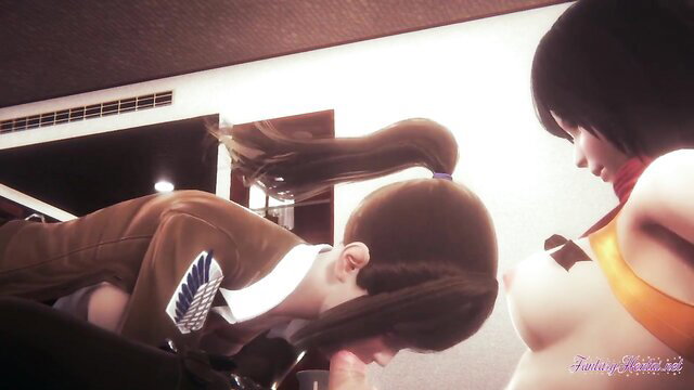 3D hentai shemale with ponytail fucks busty partner's pussy closeup