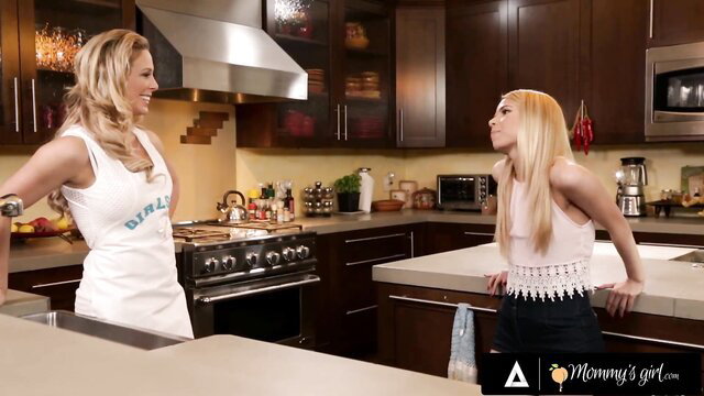 Cherie DeVille and blonde stepdaughter in kitchen Mommy's Girl