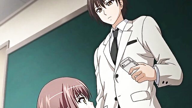 Hypnosis Academy anime teen girl looks up at suited man holding phone mind control