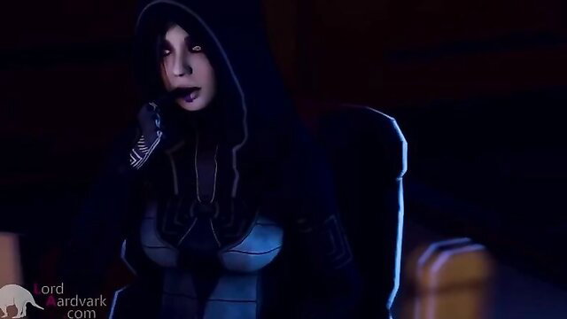 Hot Miranda Lawson in sexy black hooded bodysuit, teasing pose