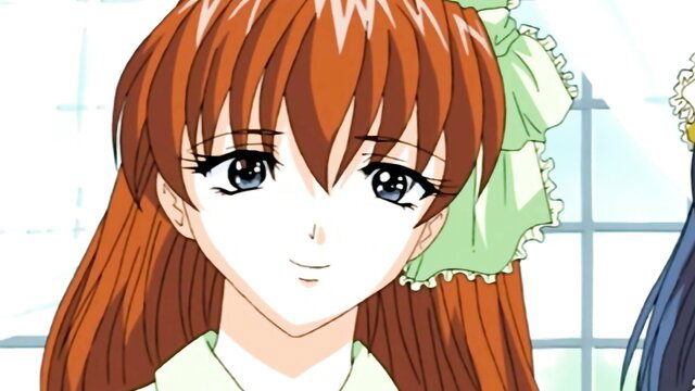 Redhead anime girl with green ribbon in cute school outfit closeup