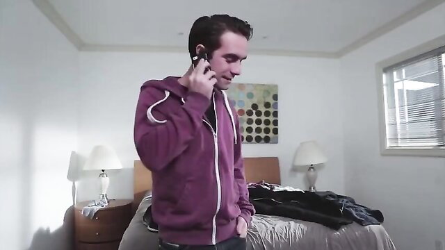 Hot guy in purple hoodie on phone in bedroom, stepmom tease