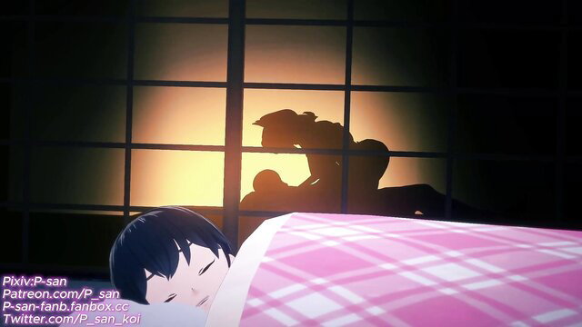 Nicole Demara NTR preview: Cute black-haired girl sleeping in pink bed with shadowy catgirl silhouette