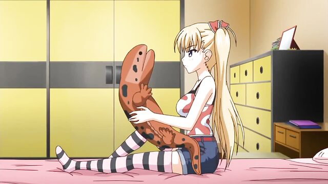 Blonde anime girl in stockings hugs giant dildo plush in Oni Chichi Rebuild Ep.2