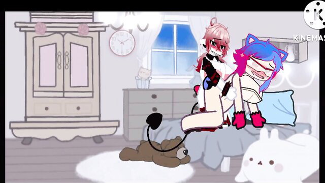 Anime catgirls in lesbian scissoring, pink hair domme tops neko sub