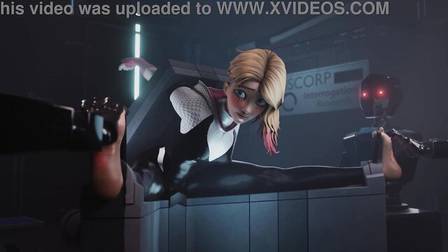 Gwen Stacy Spider-Gwen in latex catsuit fucked by robot in S&M room