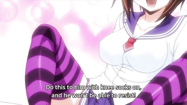 Hentai schoolgirl in striped knee socks teases with spread legs and big tits