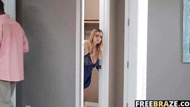Codi Vore in lingerie peeking from door at Steve Holmes