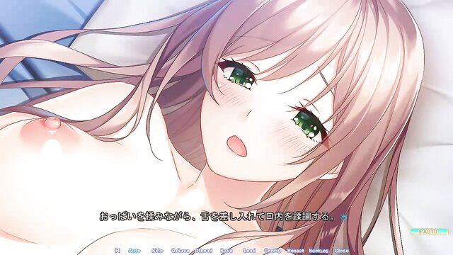 Pink-haired anime JAV girl Hinata Mizugara topless with perky tits on bed