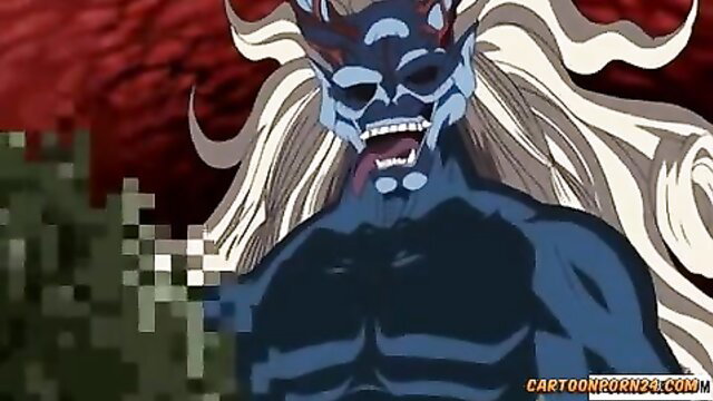 Blue demon oni beast with horns, fangs, white hair in hentai scene