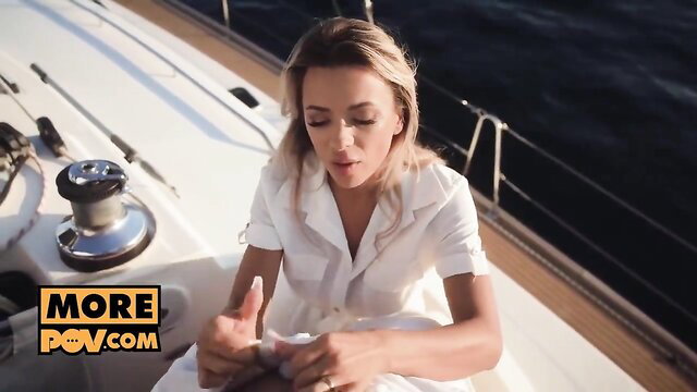 Shalina Devine blonde MILF fingering on yacht in white shirt
