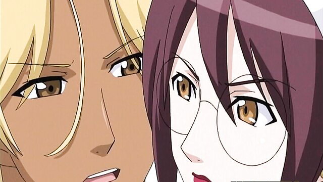 Anime JAV couple close-up: busty glasses girl and blonde guy steamy faces