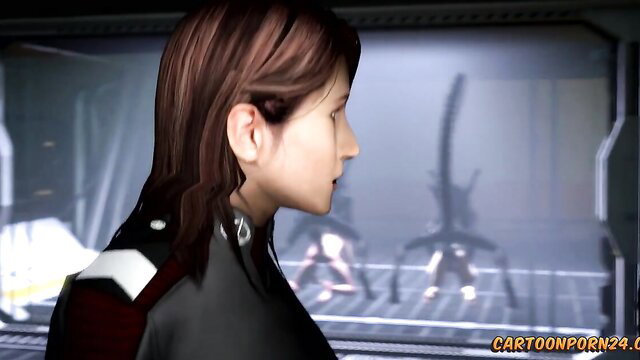 Lara Croft in tight black catsuit, side profile view from Damnation hentai