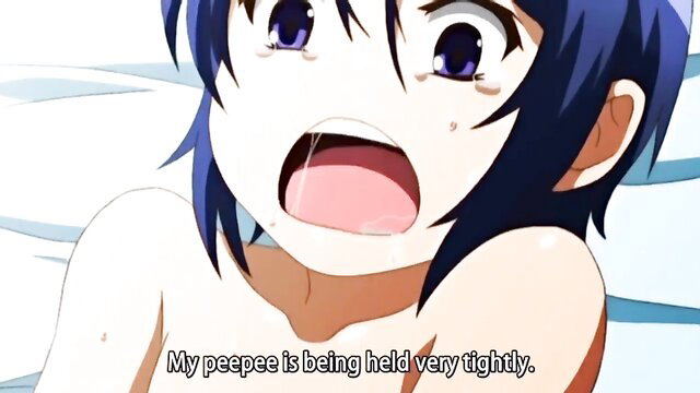 Blue-haired anime girl with wide eyes, mouth open, topless in JAV hentai scene