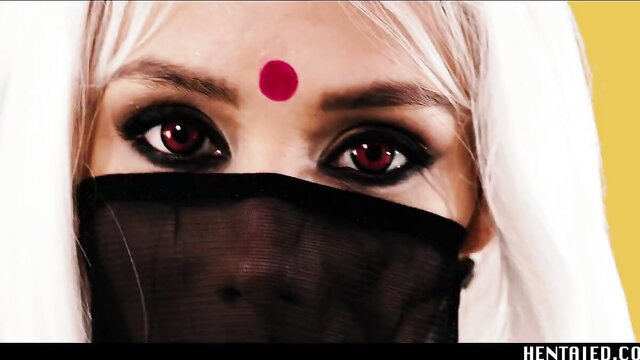 Veronica Leal hentai-style with red bindi, red eyes, black niqab veil