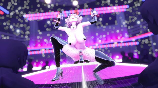 Purple-haired anime girl in inverted bunnysuit squats on dildo in neon-lit SEXDance