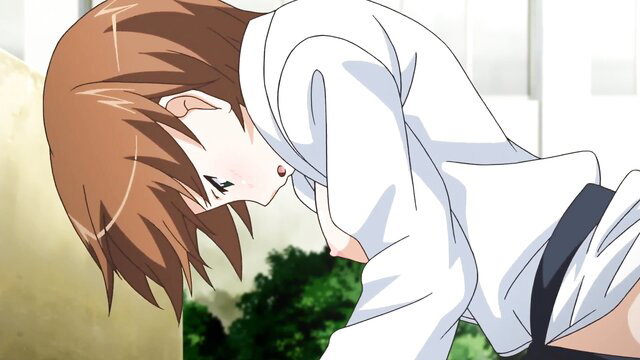 Oni Chichi 2 anime girl in torn white shirt exposing breasts, bent over outdoor