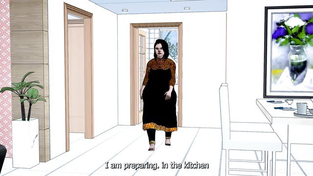 Curvy Indian aunty in saree apron walks from kitchen