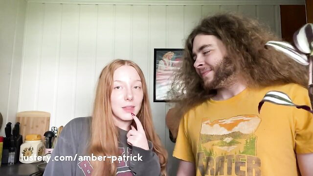 Redhead amateur girl next door with hairy boyfriend in kitchen foreplay