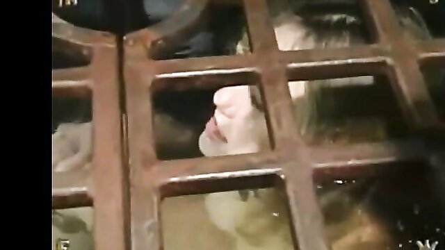 Woman peering through metal bars in steamy zoophilia tease