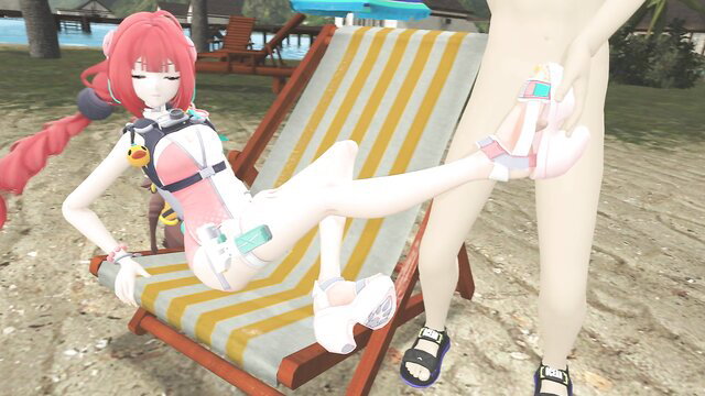 Ukinami Yuzuha Zenless Zone Zero hentai girl footjob on beach lounger