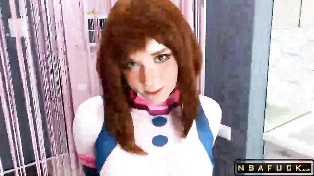 Momo Yaoyorozu cosplay babe in tight hero costume, teasing bedroom eyes