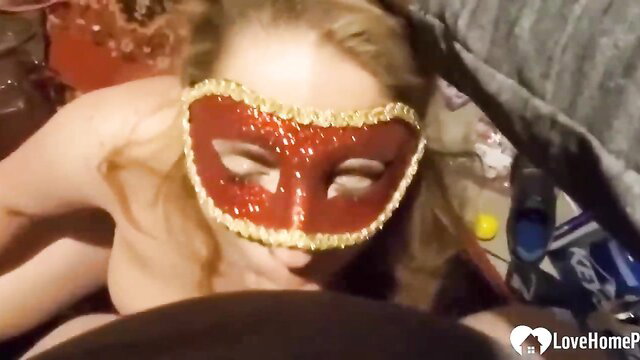 Masked blonde in POV deepthroat action with impressive skills