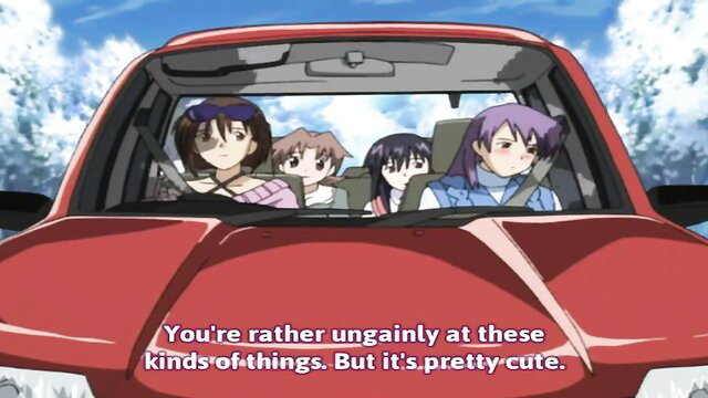 4 cute anime girls in red car, shy smiles, sunny day hentai thumbnail