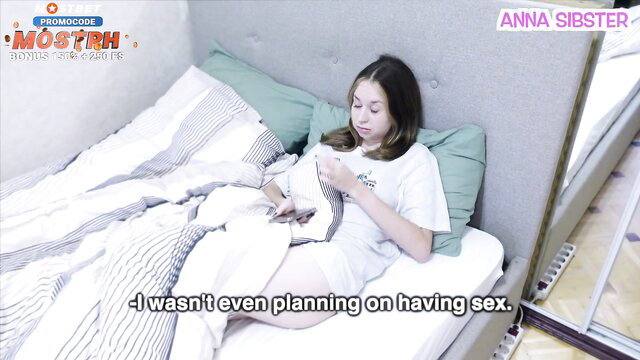 Anna Sibster in bed, shocked by unplanned creampie sex surprise