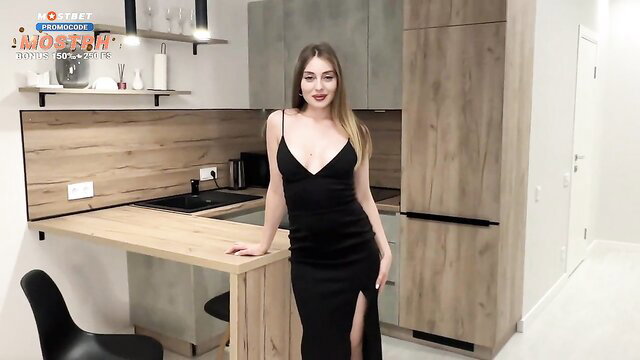 Belovefree hot sexy stepmom in tight black dress poses seductively