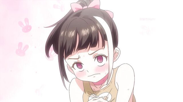 Cute anime girl with pink bow ponytail, blushing frown in summer ep.3