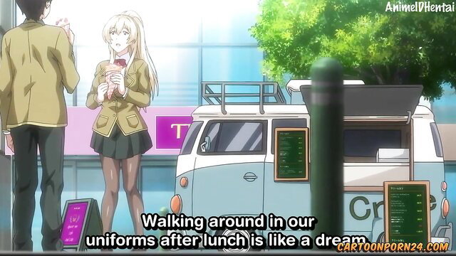 Blonde hentai schoolgirl in short skirt walks with guy after lunch in Daraku Reijou