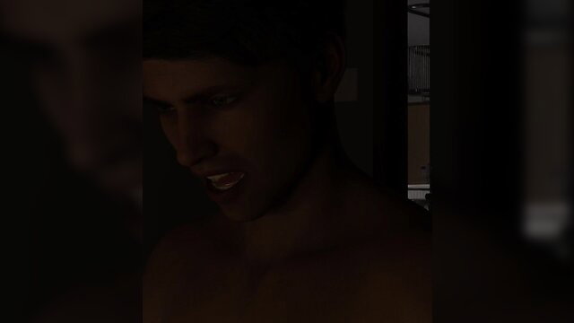 Handsome muscular man with stubble smirks topless in dim light, Mom Was A Pornstar EP3