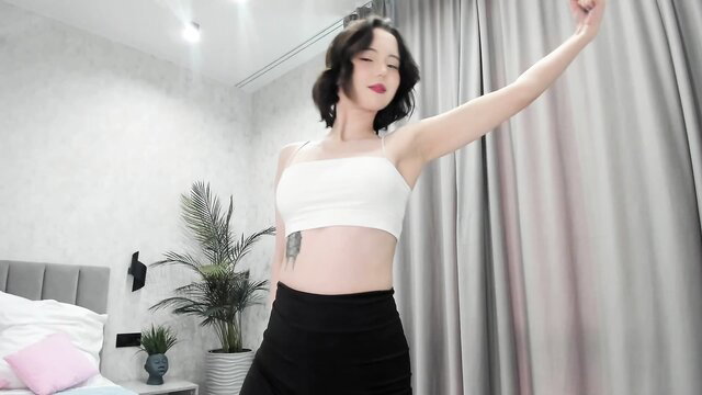 Red_mok young shy Asian camgirl dances in white bra and black skirt