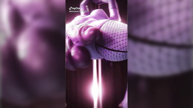 Futanari monolith PMV closeup of massive purple cock bulging fishnet stockings