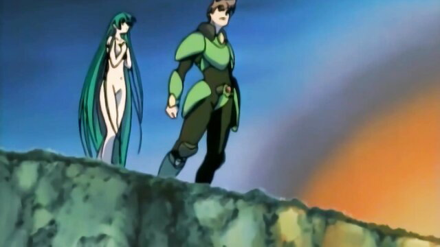 Anime hentai teal-haired nude girl with armored green guy from Mugen no Kyoukai Ep.2