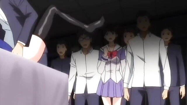 Anime JAV schoolgirl lifted leg by suited men in public toilet gangbang scene