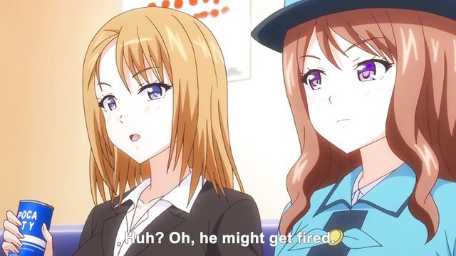 Two busty anime office girls in suits, one with hat sipping drink