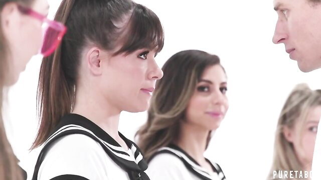 Teen girls in sailor uniforms face curly general in white room orgy