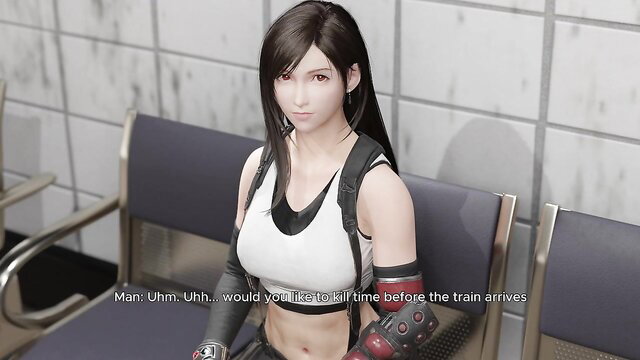 Subway Tifa in tight white top and straps, sexy wait for train
