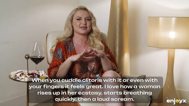 Blonde MILF in sexy dress talks clit fingering orgasm