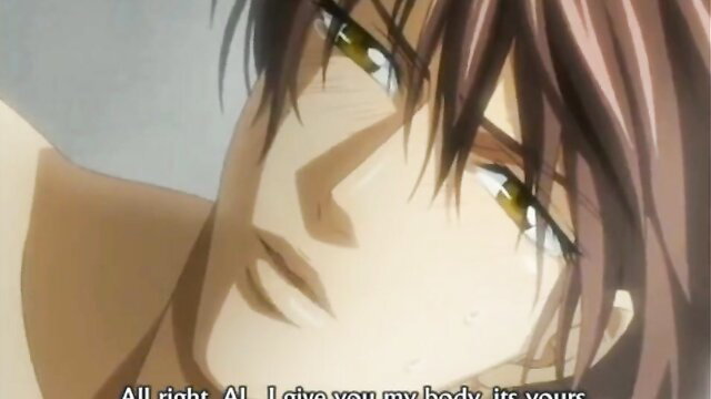 Anime gay hunk with long brown hair offers his body passionately