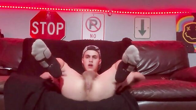 Hot twink spreads legs wide flashing hairy cock and white socks