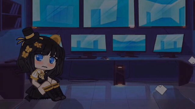 Cute anime catgirl in top hat sits cutely in dark control room, blue eyes
